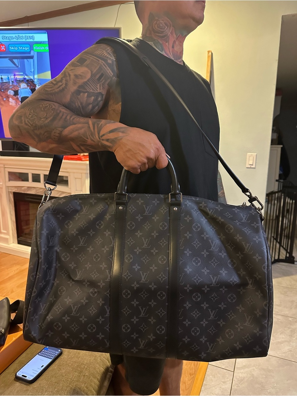 Louis Vuitton Black Monogram Black Eclipse Bandolier Keepall 55